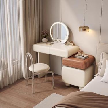 Imagem de Mesa com espelho e luzes - Mesa de maquiagem moderna com gavetas, 3 modos de luz ajustáveis, armário lateral retrátil e banco para uso no quarto