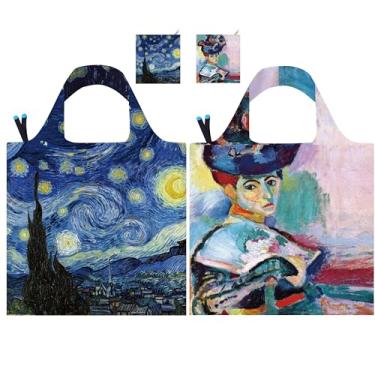 Imagem de Vane Oak Sacolas de mercearia reutilizáveis, sacolas de arte de pintura a óleo com bolsa de transporte à prova d'água para uso diário em viagens (noite estrelada e mulheres, 2)