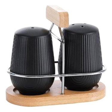 Imagem de Conjunto Saleiro e Pimenteiro Oásis Preto em Cerâmica 90ml com Suporte