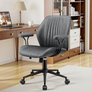 Imagem de HeroSet Cadeira de escritório de couro, cadeiras de mesa de escritório em casa com apoios de braços removíveis, cadeira executiva giratória moderna de balanço de altura ajustável, cadeira executiva