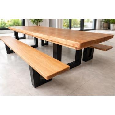 Imagem de Conjunto Mesa Rústica Madeira Maciça de Jequitibá Tampão(300cm x 90cm x 6cm) com 2 Bancos Rústicos Tampão(300cm X 36 X 4cm) com Pés de Ferro Metalom 100mm x 100mm Acabamento Fosco - 10 a 12 Lugares