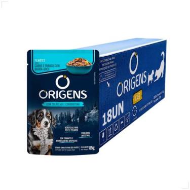 Imagem de Kit 18 Ração Úmida Sachê Origens Cães Adulto Filhotes 85g, Carne e Fra
