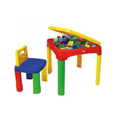 Imagem de Conjunto mesa infantil com bau e blocos de montar 26 pçs - Magic Block
