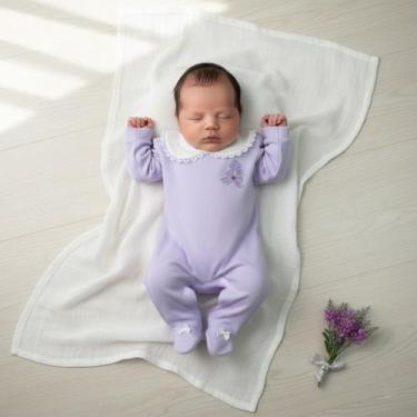 Imagem de Macacão Bebê Menina Recém Nascido 100% Algodão Premium Bordado Violeta