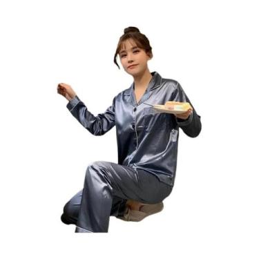 Imagem de Conjunto De Pijamas De Seda Satin plus Size Em Cor Sólida Com Botões P
