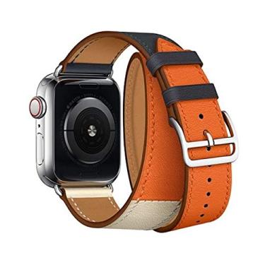 Imagem de Pulseira de Couro Duas Voltas compativel com Apple Watch 41mm 40mm 38mm - Marca LTIMPORTS (Laranja Branco Azul)