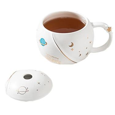 Imagem de seelucky Caneca de astronauta com colher urso copo de café de cerâmica infantil caneca de leite de desenho animado xícara de chá presente de aniversário escritório casa (você é meu universo branco)