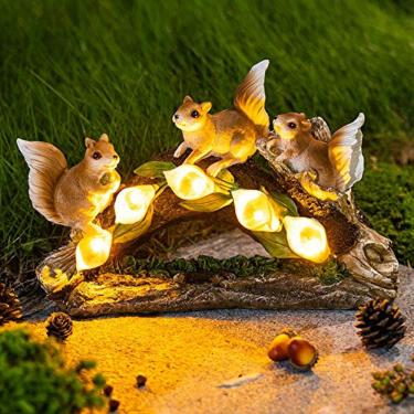 Imagem de GIGALUMI Garden Squirrel Statues Solar Light Garden Estatuetas Ao Ar Livre Ornamento, Esquilo Solar Em um Tronco com 5 Luzes LED, Estátua de Esquilo D
