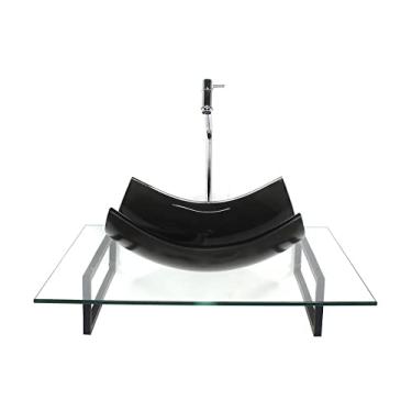 Imagem de KIT CUBA DE VIDRO RETANGULAR CURVADA GRAFITE COM TAMPO 60CM INCOLOR E SUPORTE TORNEIRA VALVULA