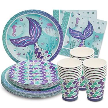 Imagem de Royal Bluebonnet Suprimentos de festa de sereia – Serviço para 24 – Pratos de festa de sereia (17,8 cm e 22,7 cm), guardanapos de papel e copos de festa – Decorações descartáveis de aniversário de pequena sereia, suprimentos para chá de bebê de sereia