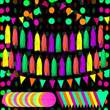 Imagem de Artigos de festa neon que brilham incluindo guirlanda de papel neon, 20 peças de guirlanda de borlas de papel neon e bandeiras triangulares neon para festa de aniversário, casamento, luz negra, decoração de festa com brilho UV