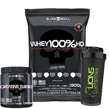 Imagem de Whey 100% Hd Refil 900g Black Skull Baunilha + Creatina Turbo Black Skull 300g + Coqueteleira