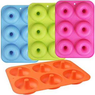 Imagem de Newk Forma de rosquinha de silicone, 6 cavidades, antiaderente, molde para donuts, bagels – conjunto de 4, azul + verde claro + rosa vermelho + laranja