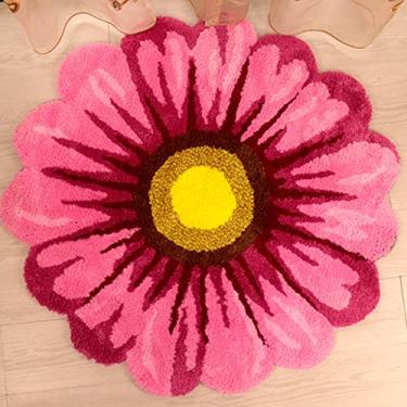 Imagem de Braiton Tapete de porta de girassol tapete em forma de flor tapete antiderrapante tecido à mão flor redonda tapete de chão tapetes de área modernos para cozinha sala de estar decoração de casa, rosa, 50cm