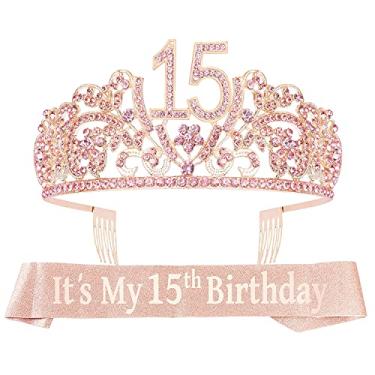 Imagem de Faixa e tiara de aniversário de 15 anos para meninas - conjunto fabuloso: faixa de glitter + flores strass rosa tiara de metal premium, presentes de aniversário de 15 anos para festa de adolescentes