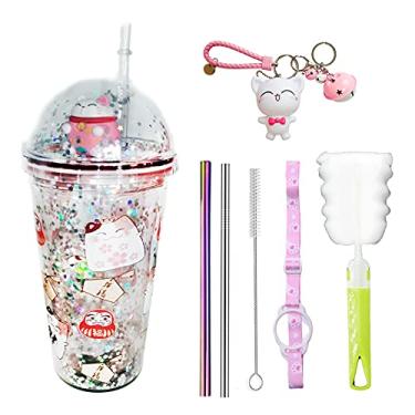 Imagem de seelucky Caneca de viagem de gato da sorte com canudo azul copo de bebida com alça copo de festa unicórnio roxo copo de gelo para piquenique festa aniversário (gato sortudo rosa, 430 ml)