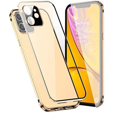 Imagem de ANZOAT Capa de telefone de vidro flip magnético, capa de telefone com moldura de metal de vidro temperado dupla face transparente para Apple iPhone 12 Mini (2020) 5,4 polegadas (cor: ouro)