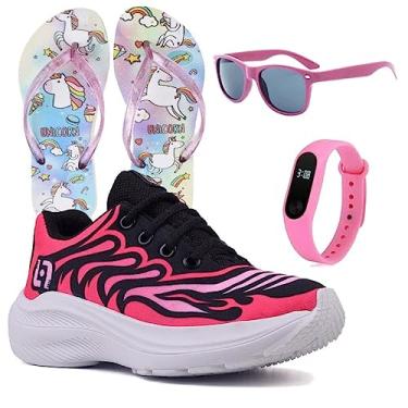 Imagem de Tenis Infantil De Amarrar Meninas Leve Desenhos LIGHT + Chinelo Oculos Relogio Cor:Rosa;Tamanho:31