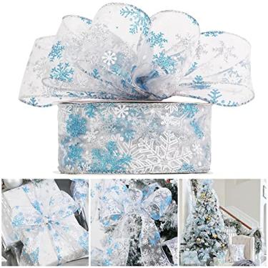 Imagem de AIMUDI Fita de floco de neve azul e prata com fio 6,35 cm turquesa fita de Natal com fio fita azul prata para guirlanda de árvore de Natal Glitter organza fita com fio para embrulho de presente - 50 jardas