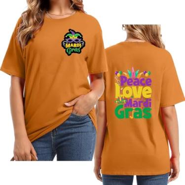 Imagem de UIFLQXX Peace Love Mardi Camiseta feminina com estampa de letras, gola redonda, manga curta, plus size, roupas casuais divertidas Carnaval, Laranja, XXG