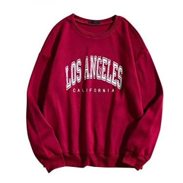 Imagem de Los Angeles California – Moletom vintage feminino com gola redonda, camisa solta de manga comprida Meninas adolescentes Tamanho Plus Jersey Cair Combinação bainha salão I67-Vinho 4X-Large