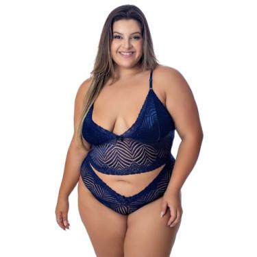 Imagem de Conjunto Lingerie Plus Size De Renda Espera Marido Cropped e Calcinha Short Sexy (Azul Marinho, 54)
