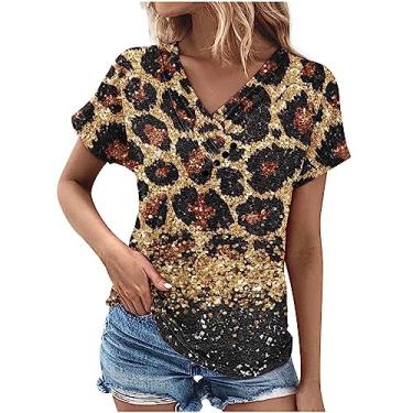 Imagem de Camisetas femininas outono verão manga curta decote V decote V floral ajuste solto camisas femininas 2024, H-351 Amarelo Mostarda, XXG