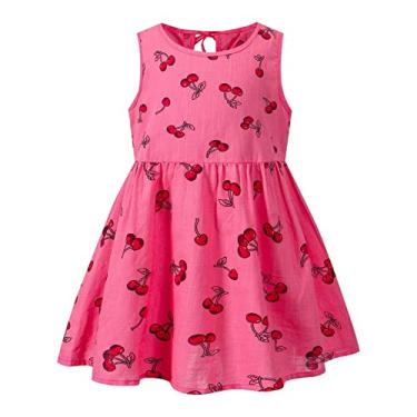 Imagem de Vestido feminino de verão pequeno e médio algodão e linho cereja estampado sem mangas colete vestido Belle, Rosa choque, 18-24 Meses