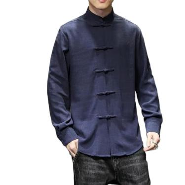 Imagem de Camisa masculina com botões chineses primavera outono algodão linho manga longa cor sólida casual cardigã masculino business top, Azul marino, GG