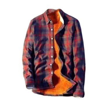 Imagem de Aoleaky Camisas de lã masculinas outono inverno lã xadrez camisa masculina casual flanela slim fit street algodão, Xadrez vermelho, G