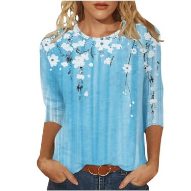 Imagem de Camisetas femininas com manga 3/4 para sair com estampa de flores, camisetas soltas, gola redonda, confortável, leve, Azul claro, 3G
