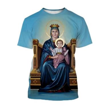 Imagem de Camiseta fashion 3D Blessed Virgin Mary&Jesus estampa Faith Love Hope masculina/feminina elegante camiseta casual, Cinza, P