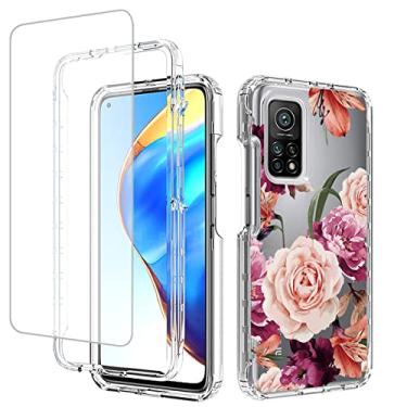 Imagem de Vavies Capa para Mi 10T 5G/Mi 10T Pro 5G/Redmi K30S com protetor de tela de vidro temperado, capa de telefone transparente flexível com design floral para Xiaomi Mi 10T (flor roxa)