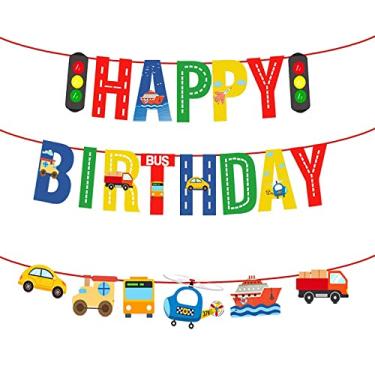 Imagem de BIEUFBJI Faixa de transporte feliz aniversário decorações de festa de aniversário carro ônibus trem navio helicóptero semáforo adereços para fotos tema transporte infantil decorações de festa de aniversário