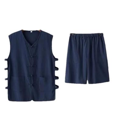 Imagem de Eesuei Conjunto de shorts de verão de algodão fino de linho de meia-idade estilo chinês sem mangas, camisa retrô, roupas masculinas, Colete azul marinho, GG