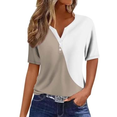 Imagem de Camisetas femininas 2024 verão Henley gola V cor sólida patchwork botão camisetas soltas confortáveis blusas modernas roupas, Roxo, P