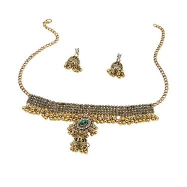 Imagem de Colar gargantilha vintage Jhumka com sino indiano Bollywood Oxidado tradicional Jhumki Bells Conjunto de brincos pendentes de zircônia cúbica bola de cristal com pingente boho banhado a ouro, Metal,