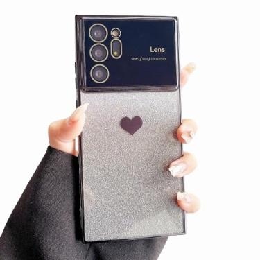 Imagem de LSSYLZT Capa para celular compatível com Samsung Galaxy Note 20 Ultra Plating Cute Heart, capa transparente com glitter gradiente, proteção total da lente da câmera, macia, à prova de choque (preto)