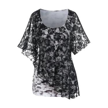 Imagem de ROSE GAL Rosegal Plus Size Blusa feminina sobreposta de camada dupla poncho blusa top capelet top, Preto 1, 1X