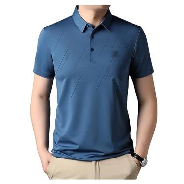 Imagem de Camisa polo masculina lisa listrada de seda gelo manga curta lapela botão Goout Shirt Moisture Buisness, Azul, 4G