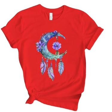 Imagem de HJIOOP Camisetas engraçadas com estampa de apanhador de sonhos da lua camiseta feminina verão casual manga curta gola redonda camisetas, Vermelho, M