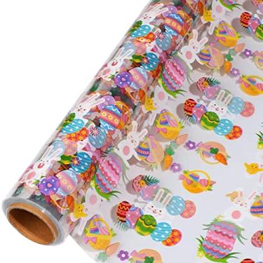 Imagem de shareluck Papel de embrulho de celofane de Páscoa de 80 cm x 15 m - Papel de embrulho de celofane de Páscoa para embrulhar cesta de presente, design de travessura-Páscoa e ovos de celofane. (80 cm dobrado em 40 cm)