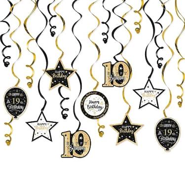Imagem de Nelbiirth Feliz aniversário de 19 anos, redemoinhos de glitter preto e dourado, decorações de festa - 15 peças, kit de espirais para pendurar no aniversário de 19 anos, placa de festa de aniversário