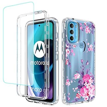 Imagem de sidande Capa para Moto G71 5G, Motorola G71 5G com protetor de tela de vidro temperado, capa protetora fina de TPU floral transparente para celular para Motorola Moto G71 5G (flor rosa)