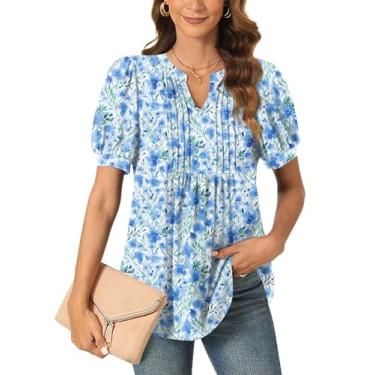 Imagem de Anyally Blusa feminina casual elegante de verão manga curta túnica tops plissados para o trabalho, Pardal azul plissado, M