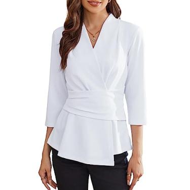 Imagem de GRACE KARIN Blusa feminina peplum 2024 elegante com decote em V e manga 3/4, blusa de trabalho lisa, gravata na cintura, camisas casuais de negócios, Branco, P