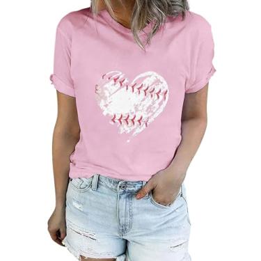 Imagem de Camiseta feminina com estampa de coração de beisebol, gola redonda, caimento solto, túnica, casual, manga curta, rosa, GG