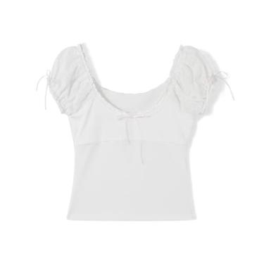Imagem de E-Girl Fairycore camiseta manga cavada laço gola quadrada patchwork slim fit crop tops Y2K streetwear, Branco canelado., P