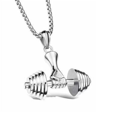 Imagem de LXSSLY Colar com halteres prateados, pingente hip hop punk fitness, pingente gótico, joia legal de academia de aço inoxidável para homens e meninos, Zinco, Sem Pedra Preciosa