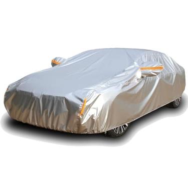 Imagem de Tecoom Capa resistente de várias camadas para carro para todos os climas, impermeável, à prova de vento, reflexiva, neve, sol, chuva, proteção ao ar livre, com fivelas e cinto, ajuste sedã de 191-200